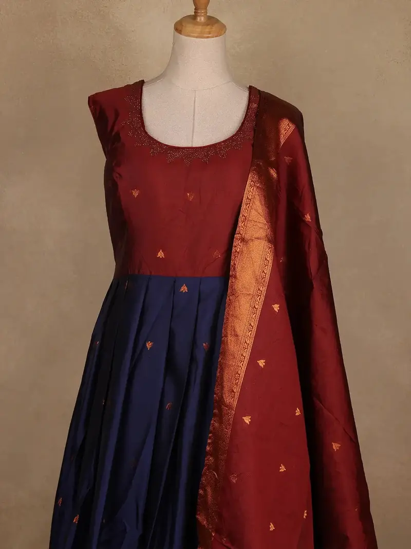 Maroon And Navy Blue Banarasi Silk Anarkali Gown With Dupatta 2