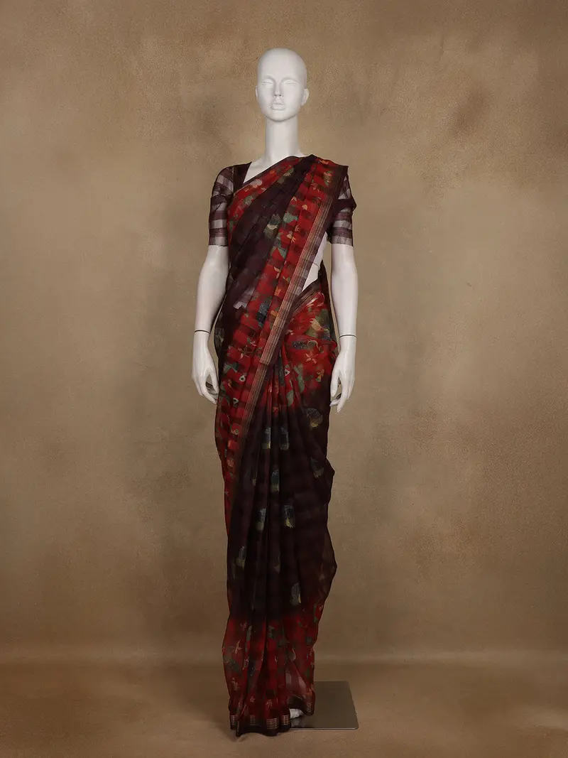 Maroon And Red Checked Floral Design Cotton Saree 1