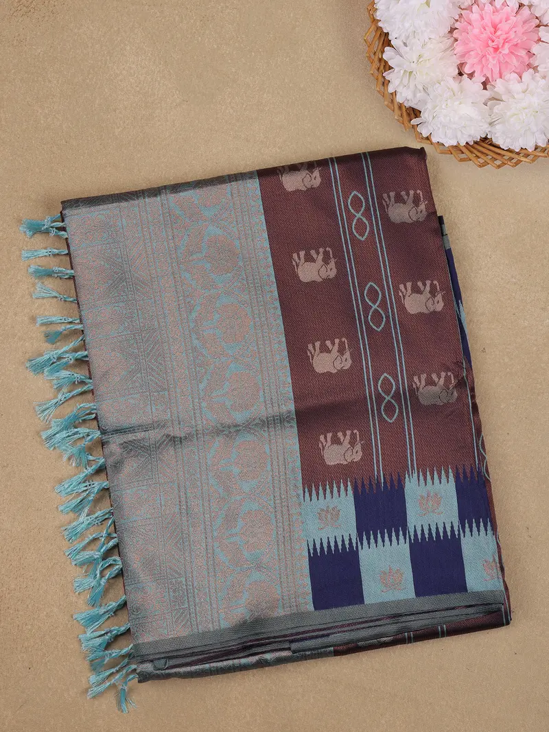 Maroon And Teal Blue Elephant Motif Woven Art Silk Saree With Zari Border 1