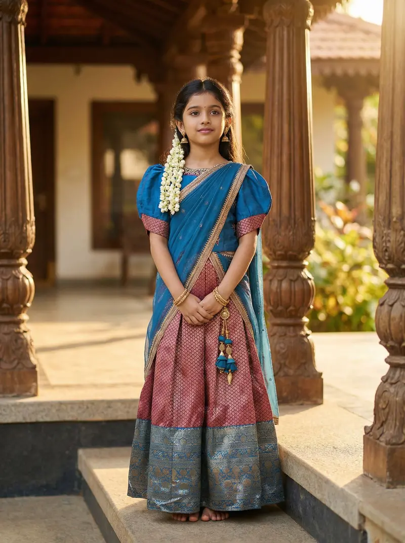 Maroon And Teal Blue Silk Half Saree With Puff Sleeves 1