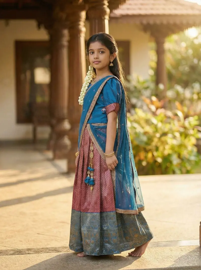 Maroon And Teal Blue Silk Half Saree With Puff Sleeves 2