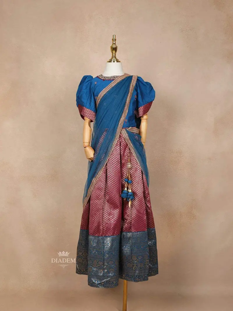 Maroon And Teal Blue Silk Half Saree With Puff Sleeves 3