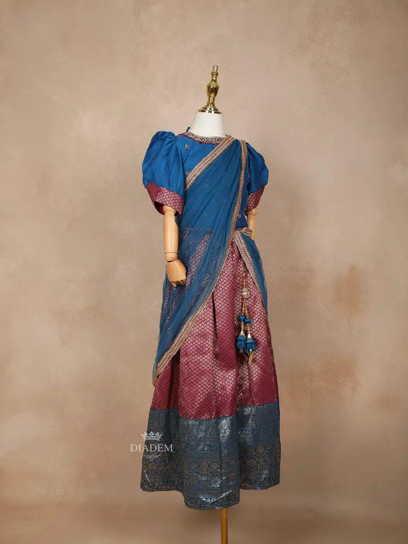 Maroon And Teal Blue Silk Half Saree With Puff Sleeves 4