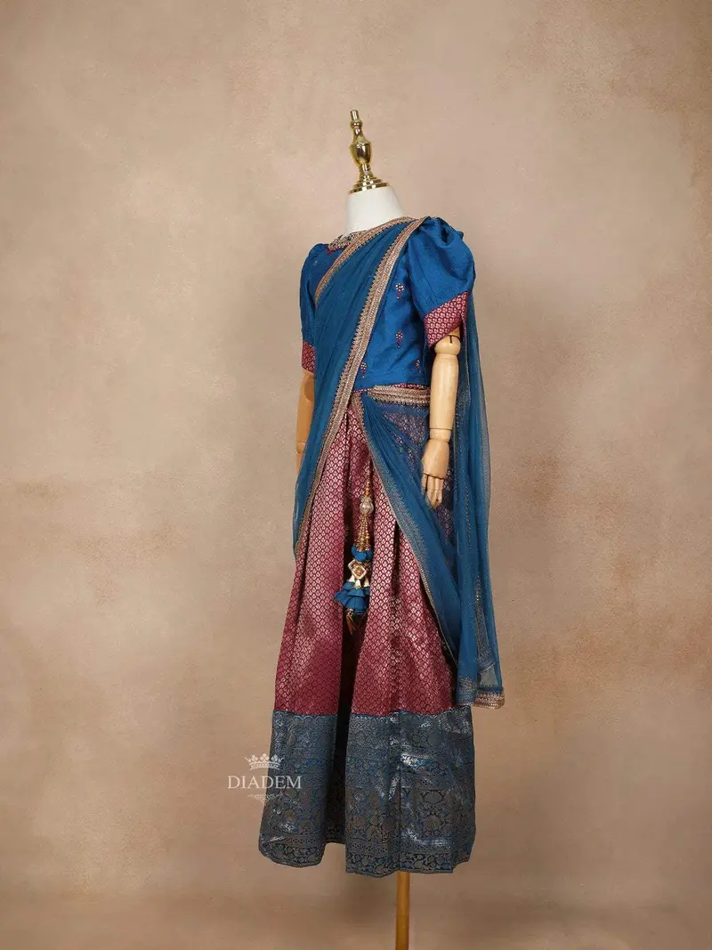 Maroon And Teal Blue Silk Half Saree With Puff Sleeves 5