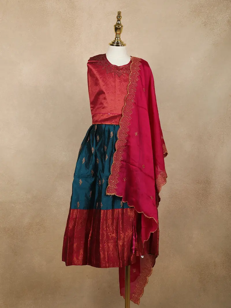 Maroon And Teal Blue Zari Woven Raw Silk Pattu Pavadai With Dupatta 1