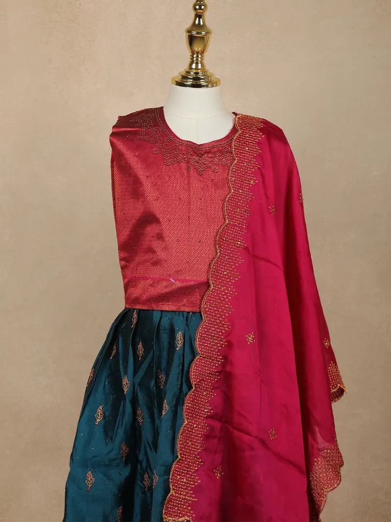 Maroon And Teal Blue Zari Woven Raw Silk Pattu Pavadai With Dupatta 2
