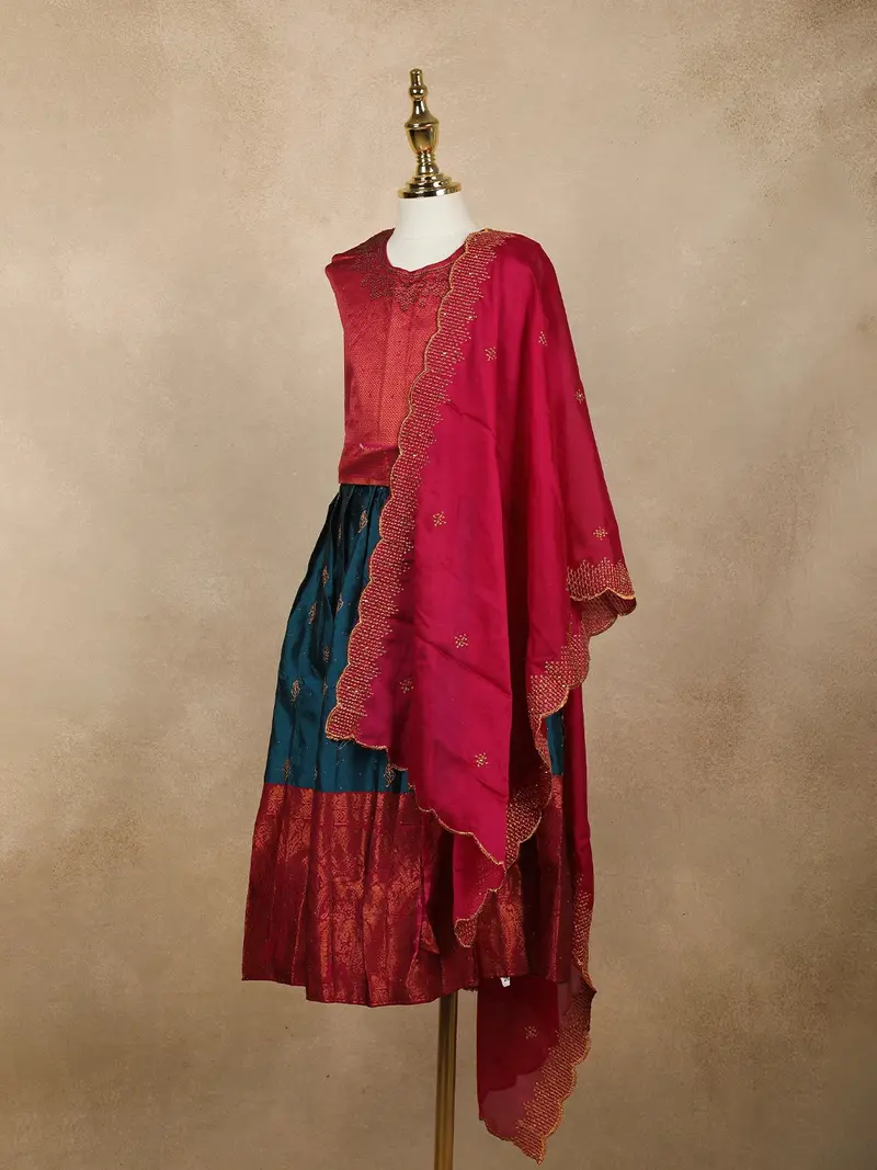 Maroon And Teal Blue Zari Woven Raw Silk Pattu Pavadai With Dupatta 3