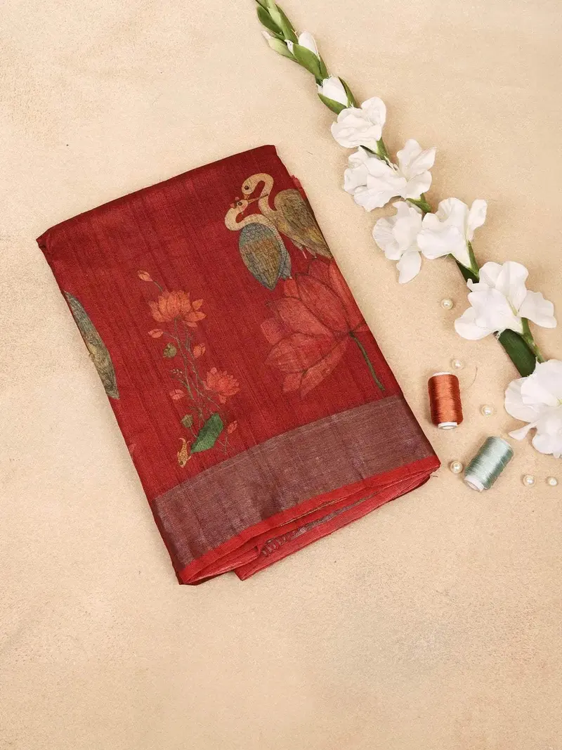 Maroon Banarasi Saree With Flower And Crane Design On The Body With Matching Border 1