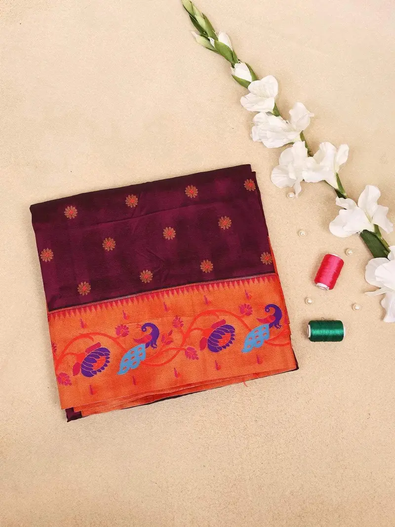 Maroon Banarasi Saree With Small Floral Design On The Body And Contrast Border 1