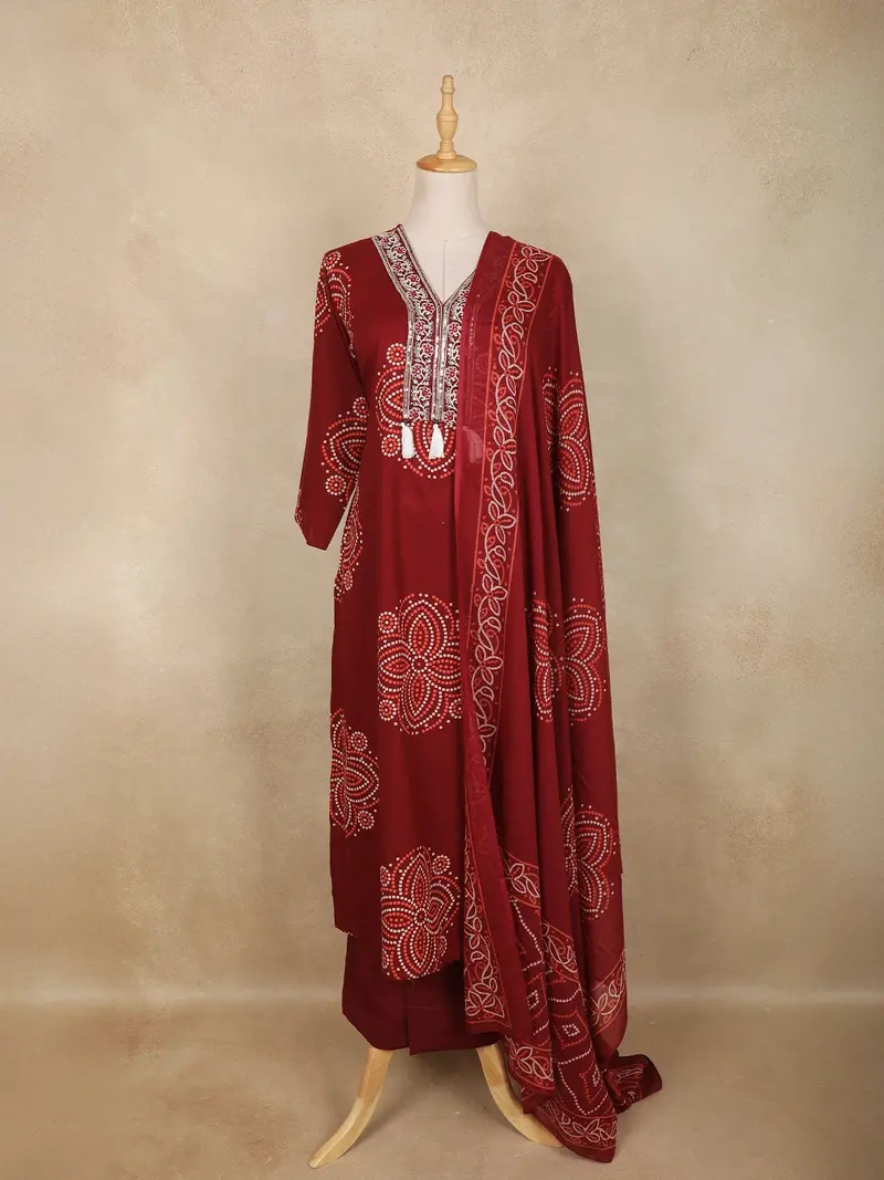 Maroon Bandhani Printed Cotton Salwar Suit With Dupatta 1