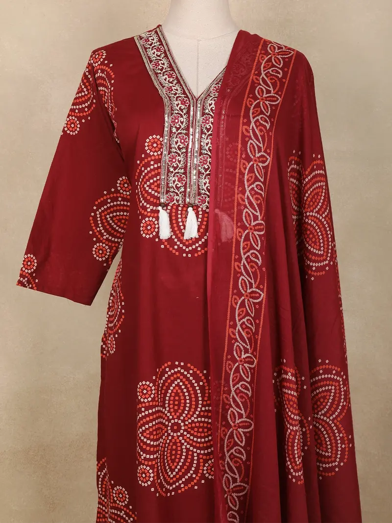 Maroon Bandhani Printed Cotton Salwar Suit With Dupatta 2