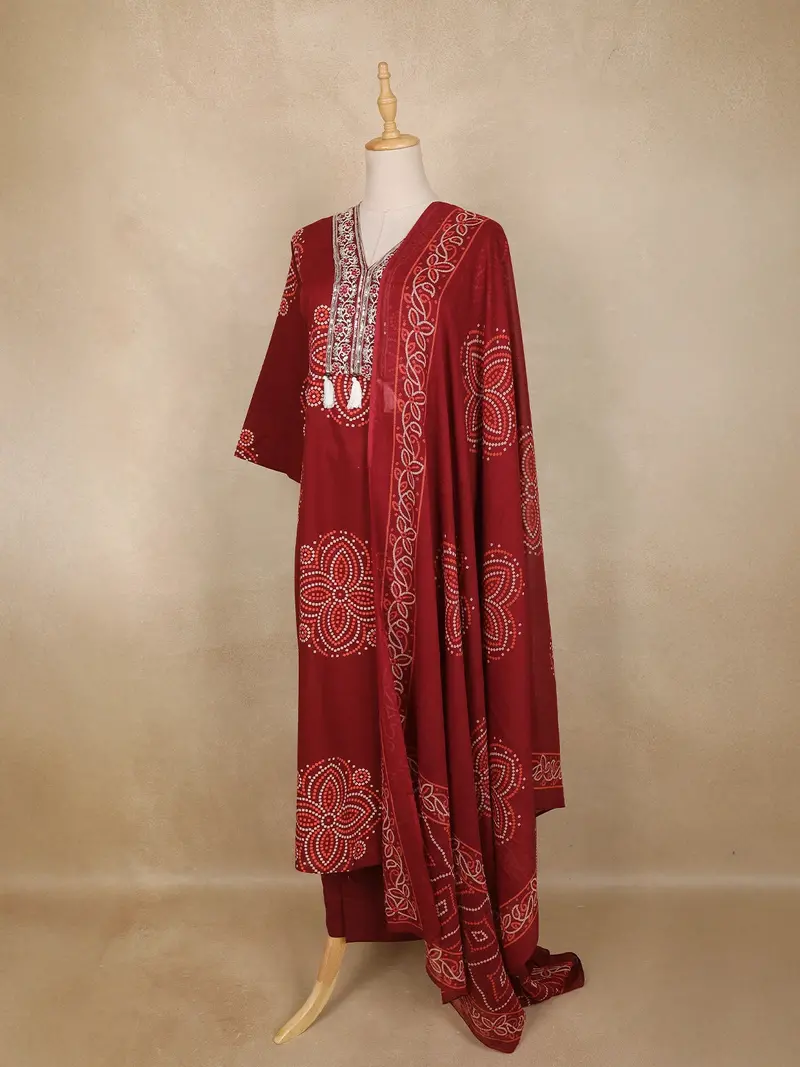 Maroon Bandhani Printed Cotton Salwar Suit With Dupatta 3
