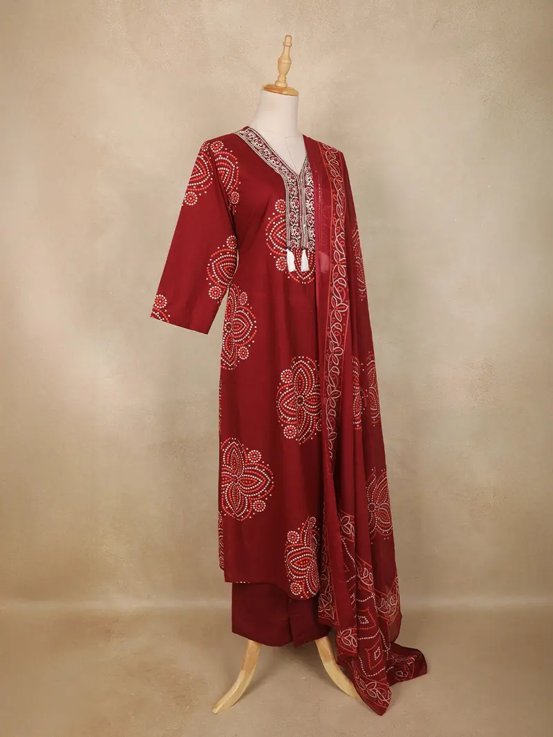 Maroon Bandhani Printed Cotton Salwar Suit With Dupatta 4
