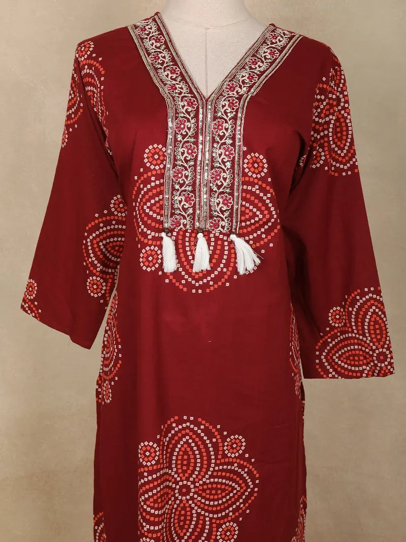 Maroon Bandhani Printed Cotton Salwar Suit With Dupatta 5