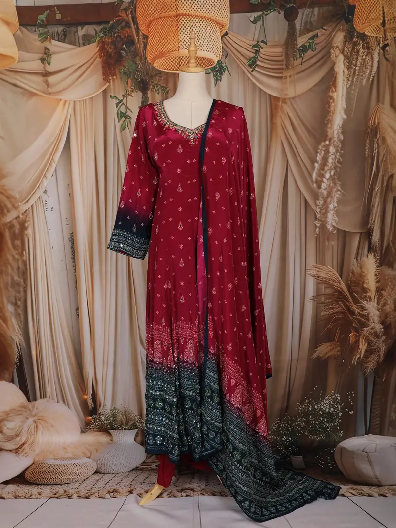 Maroon Bandhani Printed Design Crepe Palazzo Suit With Dupatta 1