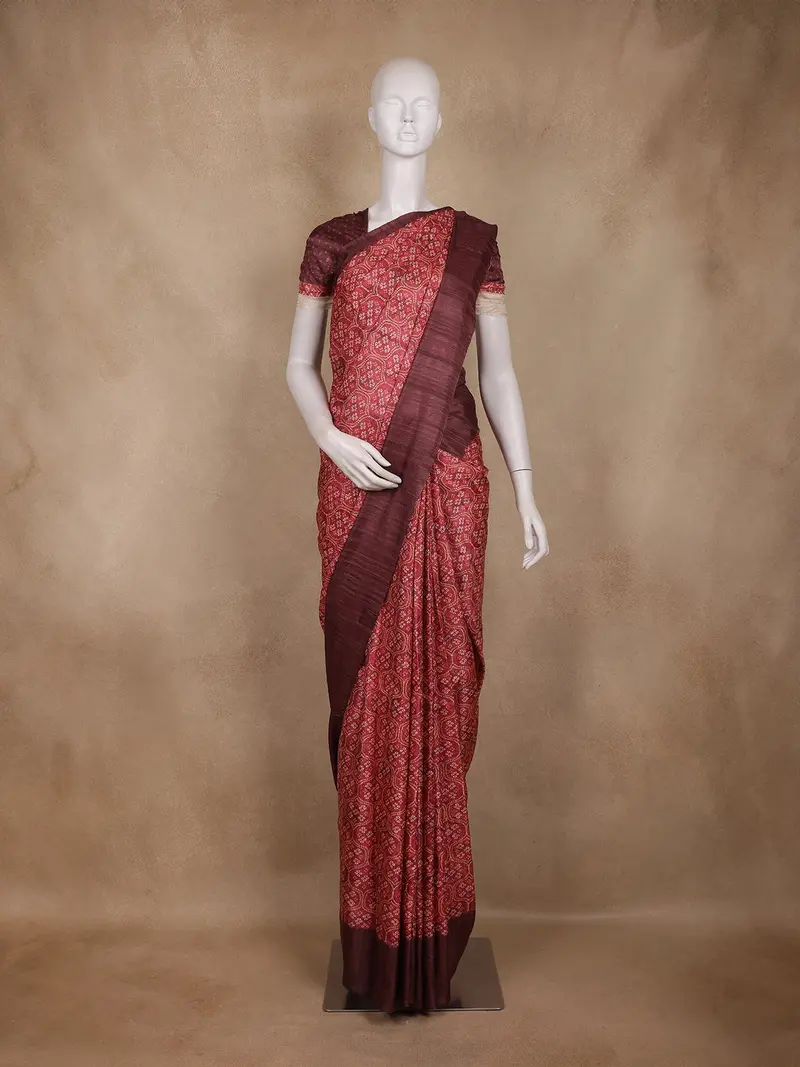 Maroon Bandhani Printed Tussar Silk Saree 1