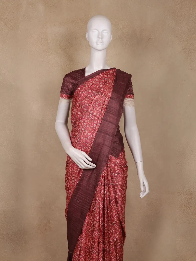 Maroon Bandhani Printed Tussar Silk Saree 2