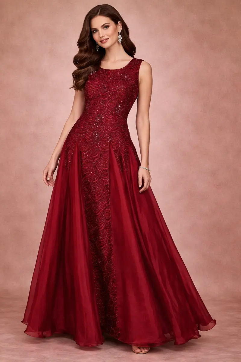 Maroon Bead And Sequin Embellishments Party Wear Kids Net Gown 1