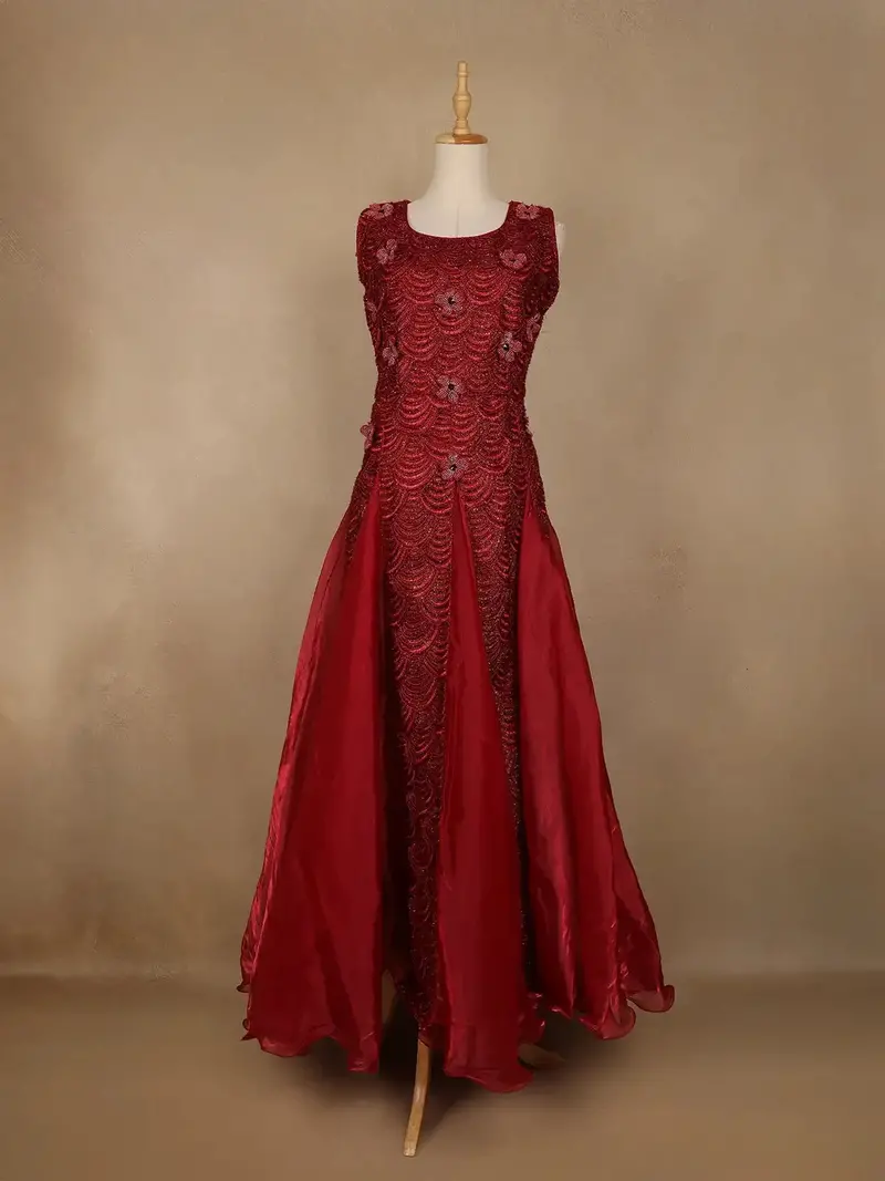 Maroon Bead And Sequin Embellishments Party Wear Kids Net Gown 2