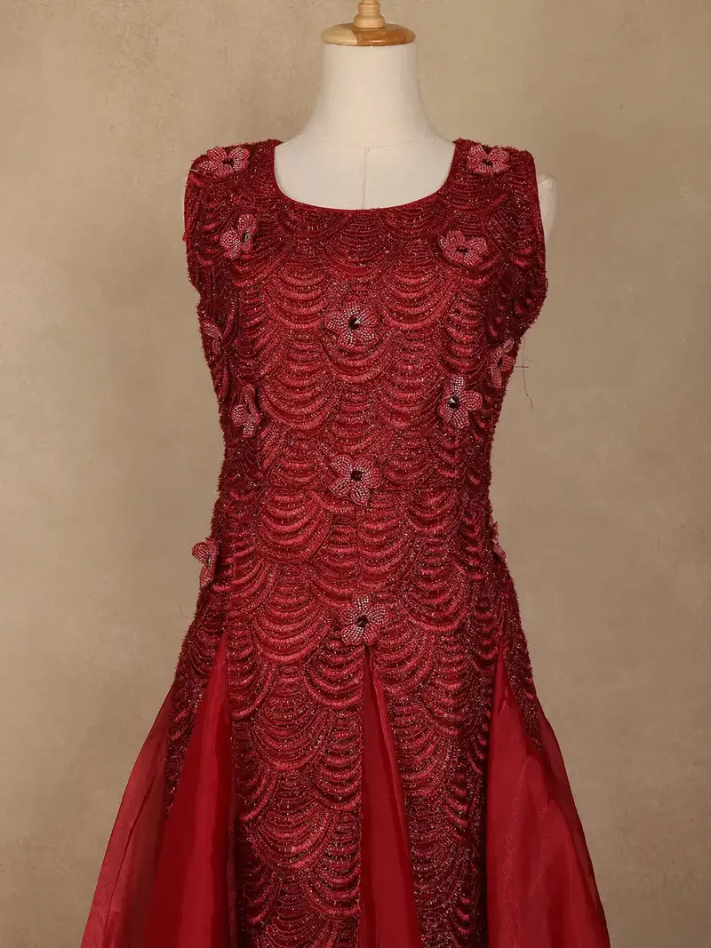 Maroon Bead And Sequin Embellishments Party Wear Kids Net Gown 3