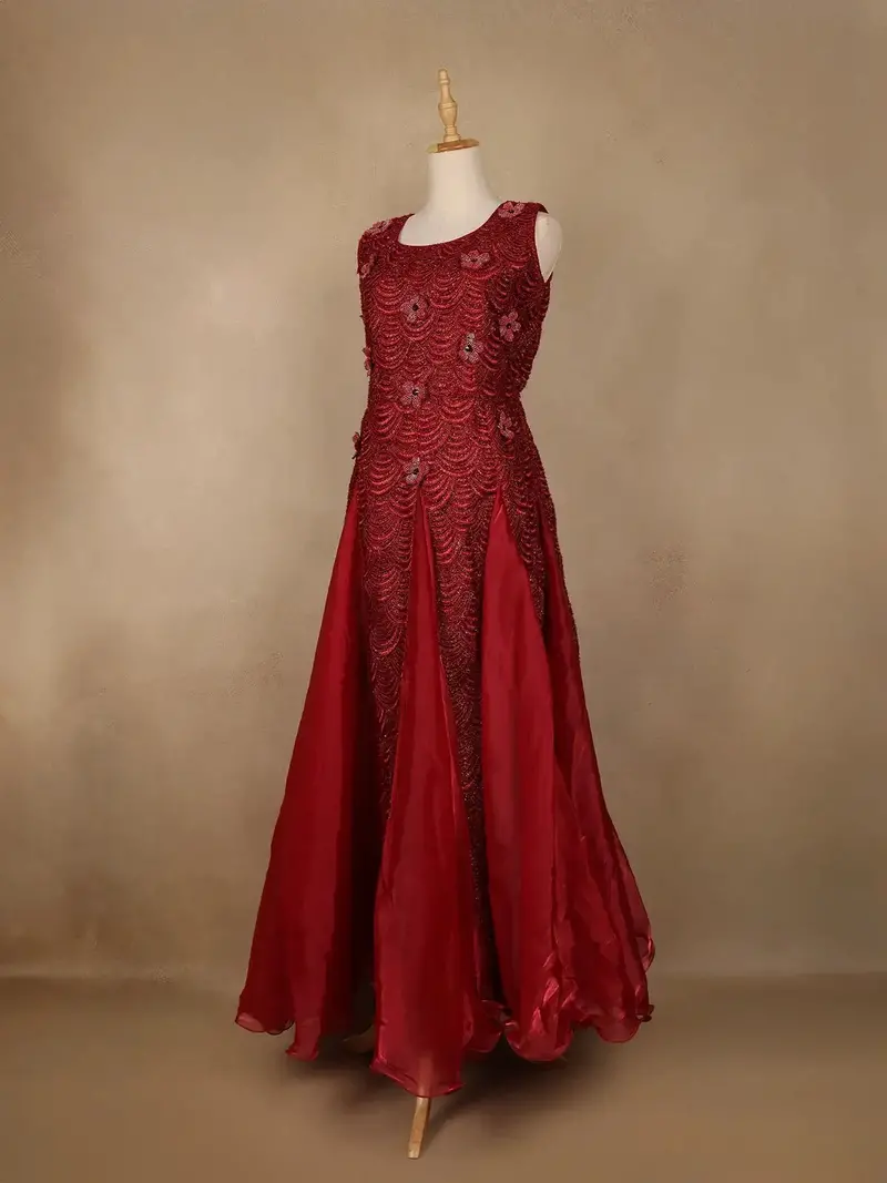 Maroon Bead And Sequin Embellishments Party Wear Kids Net Gown 4