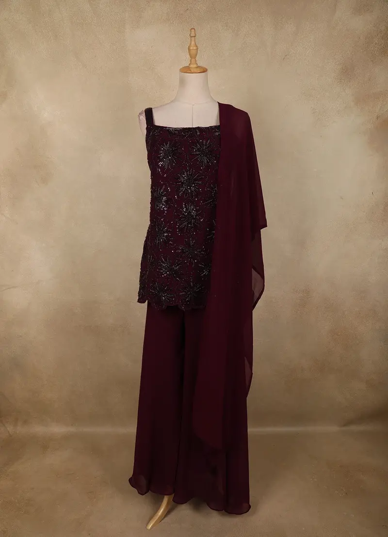 Maroon Beaded Embroidery Georgette Palazzo Suit 1