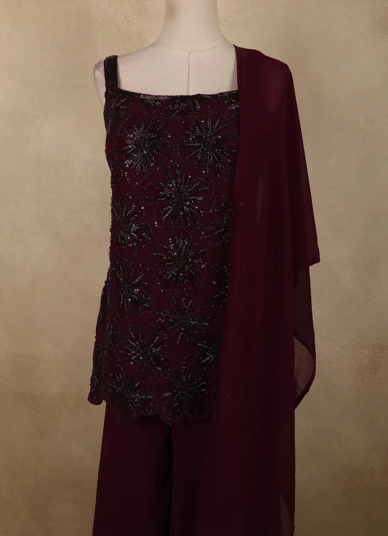 Maroon Beaded Embroidery Georgette Palazzo Suit 2