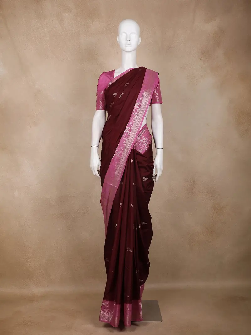 Maroon Birds Woven Raw Silk Saree With Contrast Pink Zari Border 1