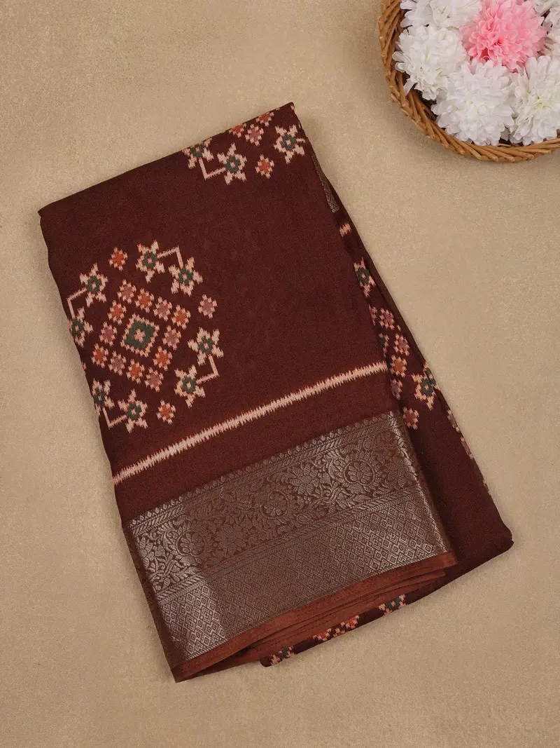 Maroon Brown Geometric Ikat Patterned Cotton Saree 1