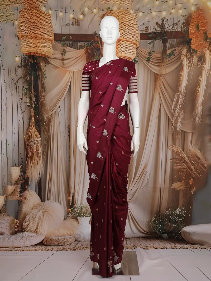 Maroon Butta Design Semi Banarasi Saree 1