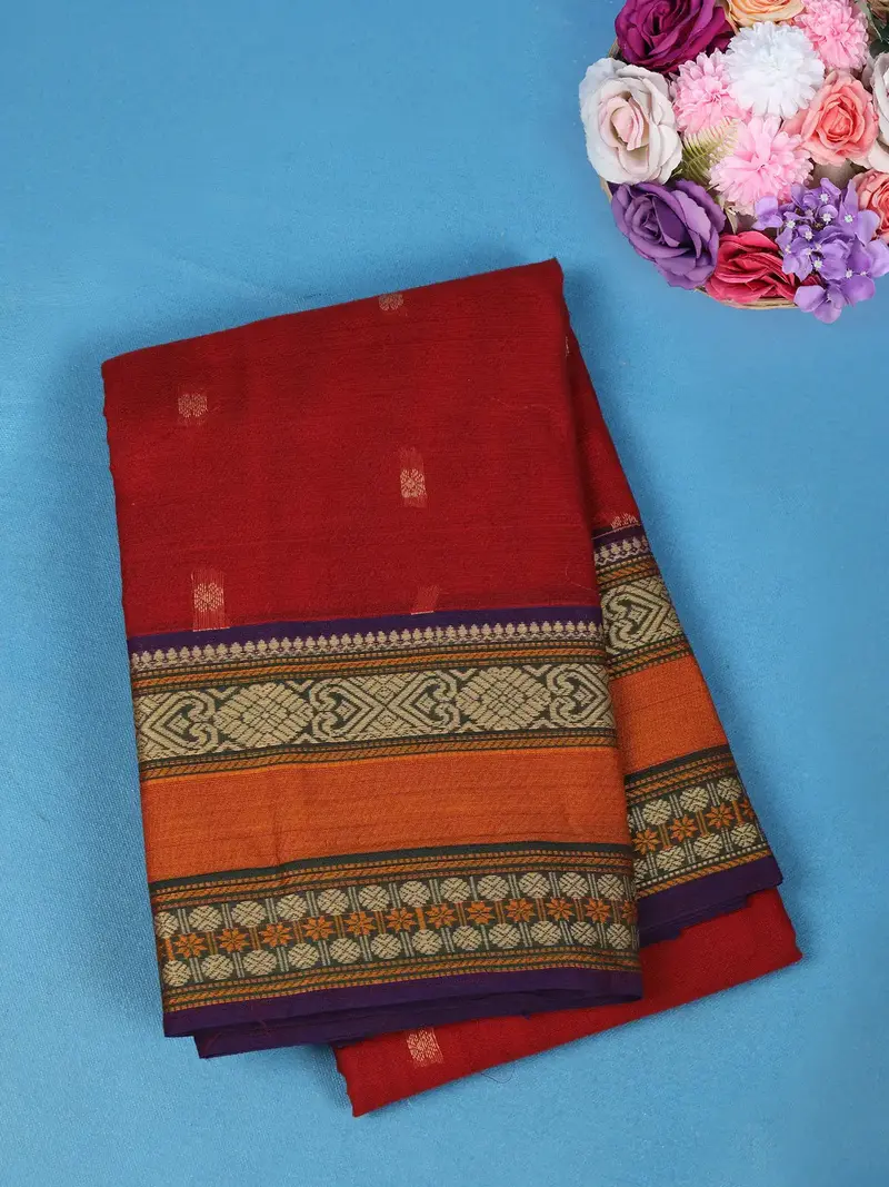Maroon Butta Motifs Designed Cotton Saree With Contrast Woven Border 1