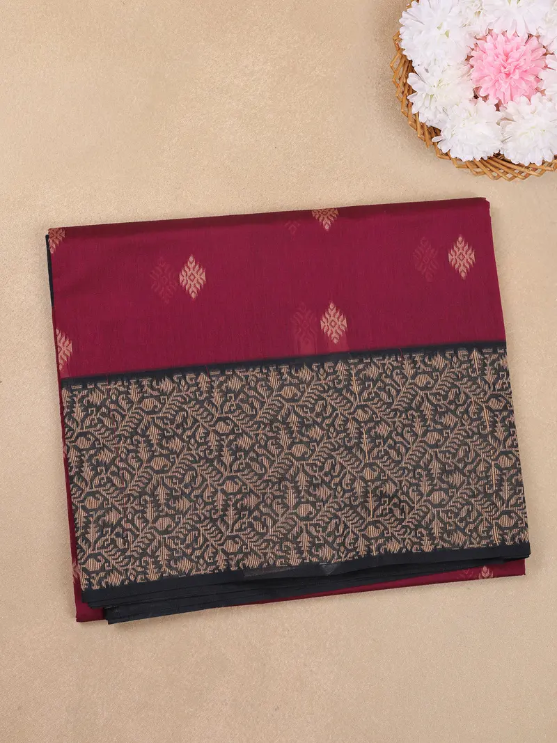 Maroon Butta Woven Design Cotton Saree With Contrast Border 1