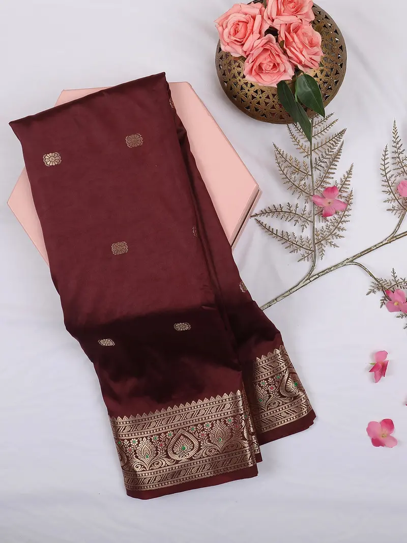 Maroon Butta Woven Design Soft Silk Saree With Silver Zari Floral Border 1