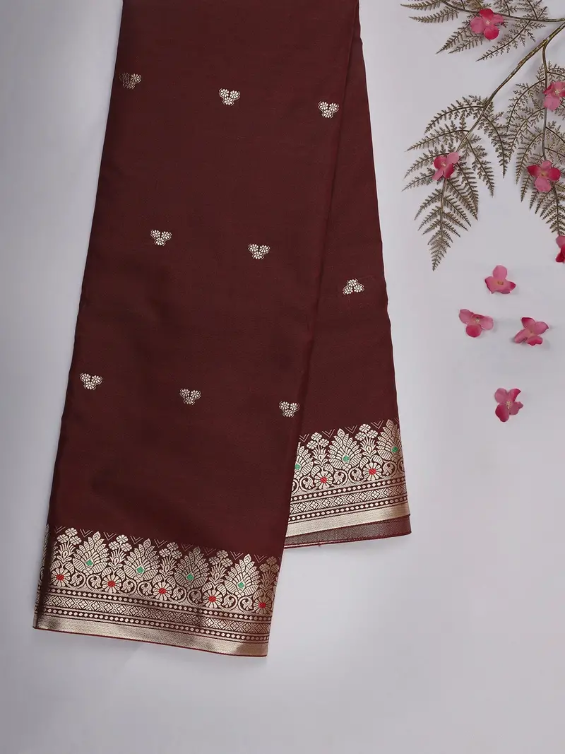 Maroon Butta Woven Design Soft Silk Saree With Silver Zari Floral Border 1