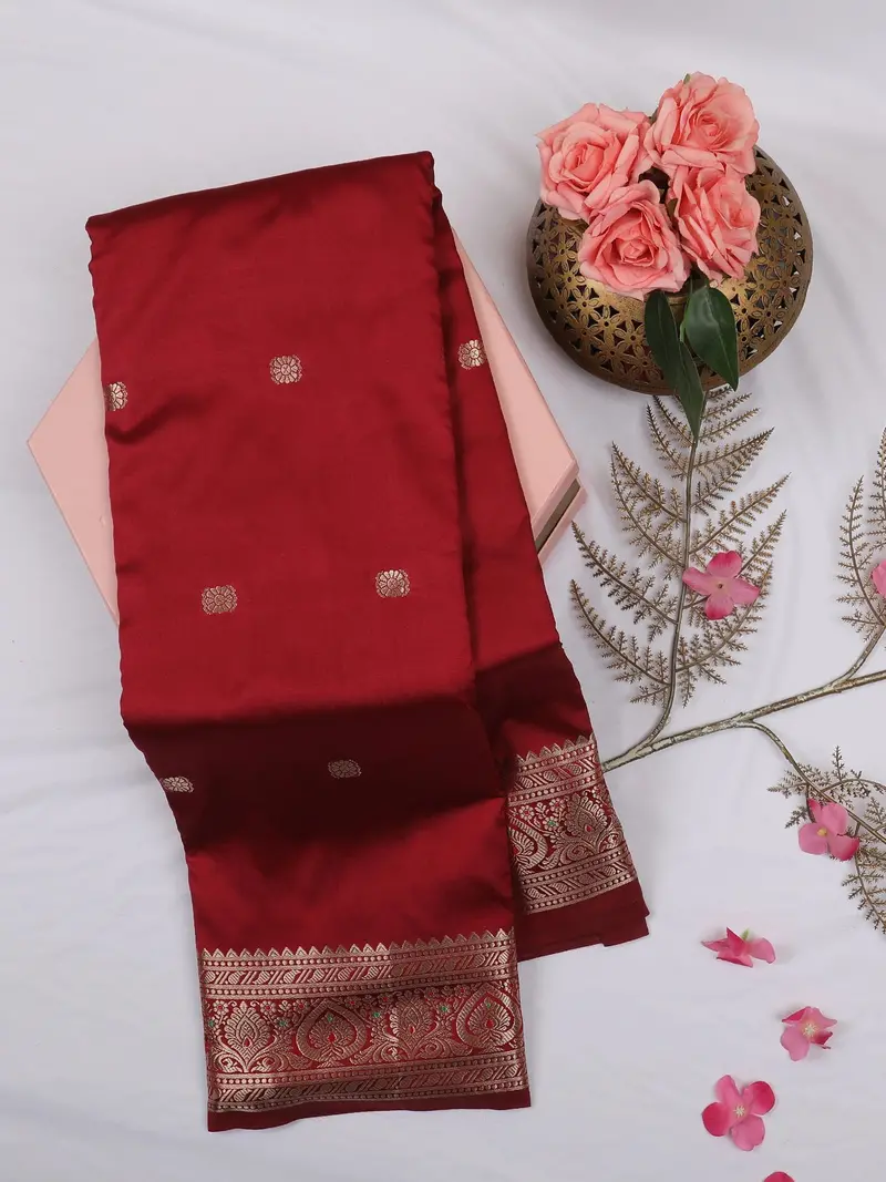 Maroon Butta Woven Design Soft Silk Saree With Silver Zari Floral Border 1