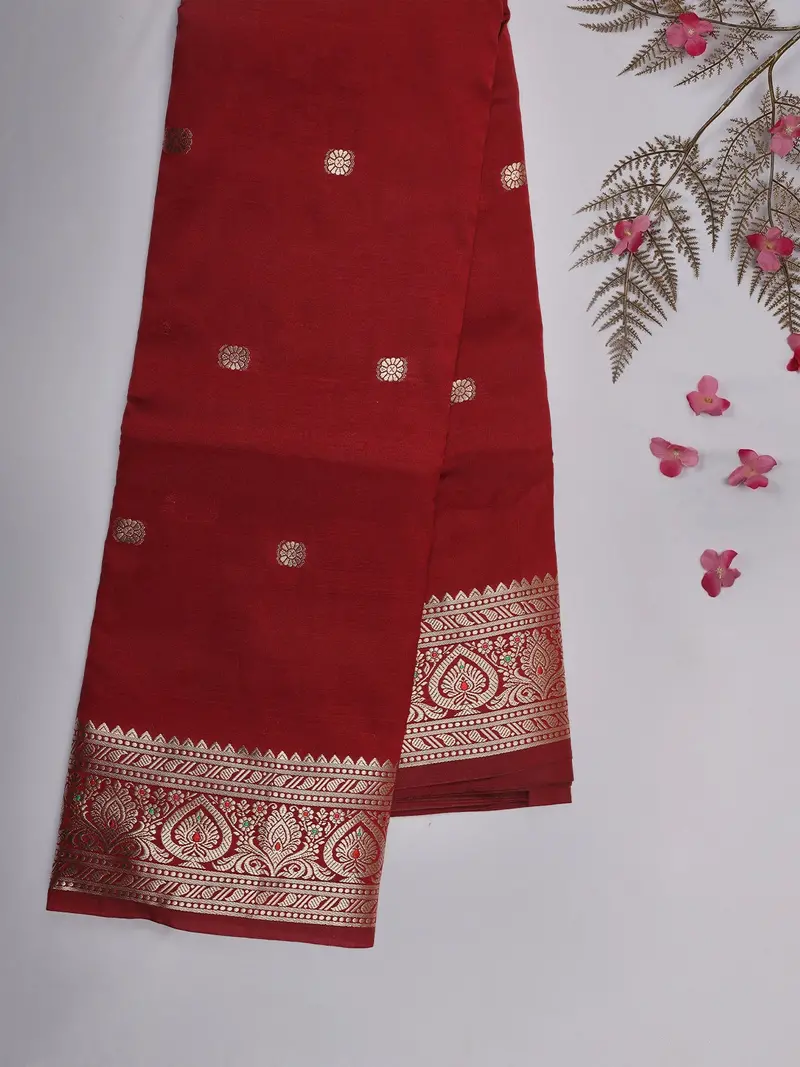 Maroon Butta Woven Design Soft Silk Saree With Silver Zari Floral Border 2