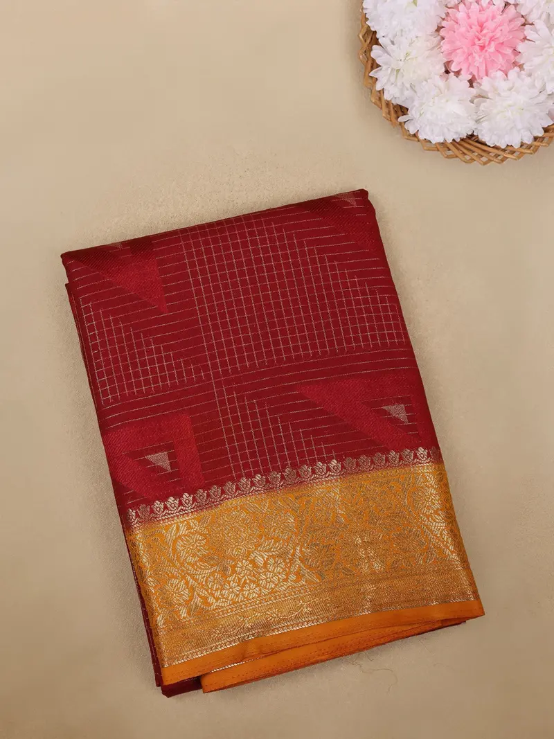 Maroon Checked Design Mysore Silk Saree With Contrast Zari Border 1