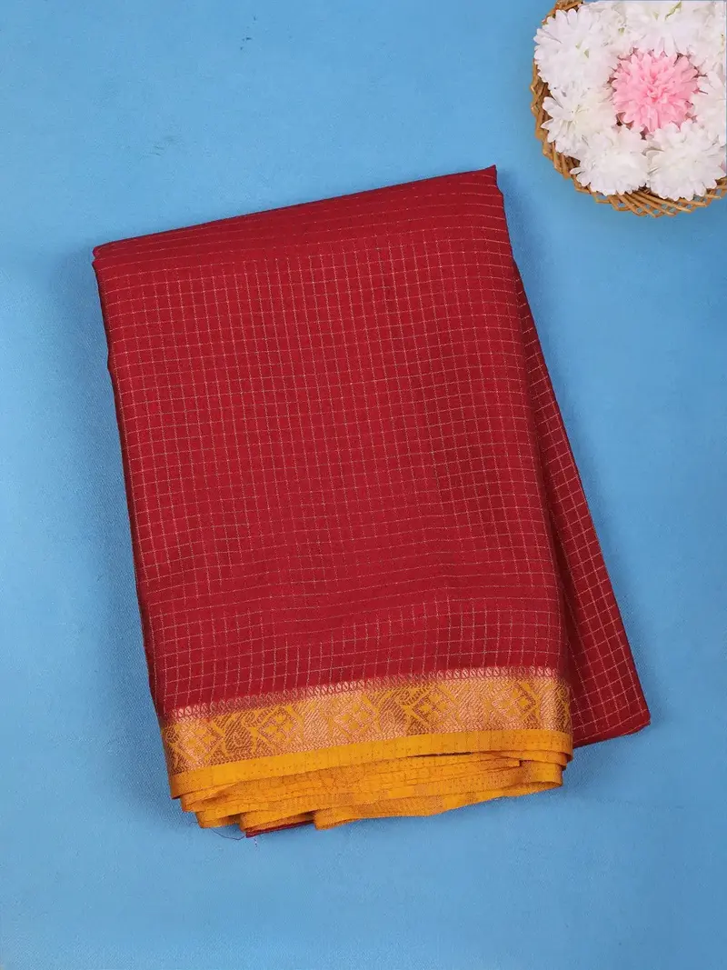 Maroon Checked Design Mysore Silk Saree With Mustard Zari Border 1