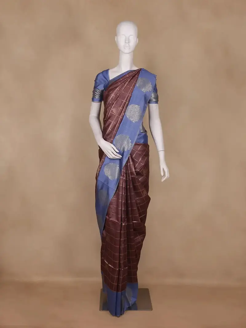 Maroon Checked Design Semi Tussar Saree 1