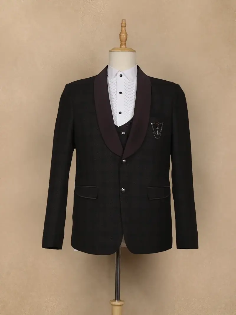 Maroon Checked Design Viscose Men's Suit 1