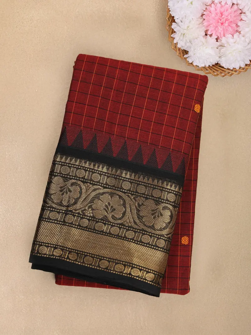 Maroon Checked Woven Design Cotton Saree With Black Zari Woven Border 1