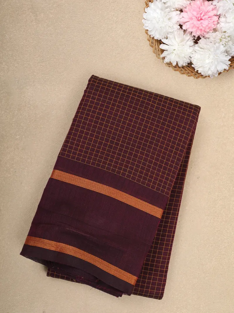 Maroon Checks Design Cotton Saree With Contrast Copper Zari Woven Border 1