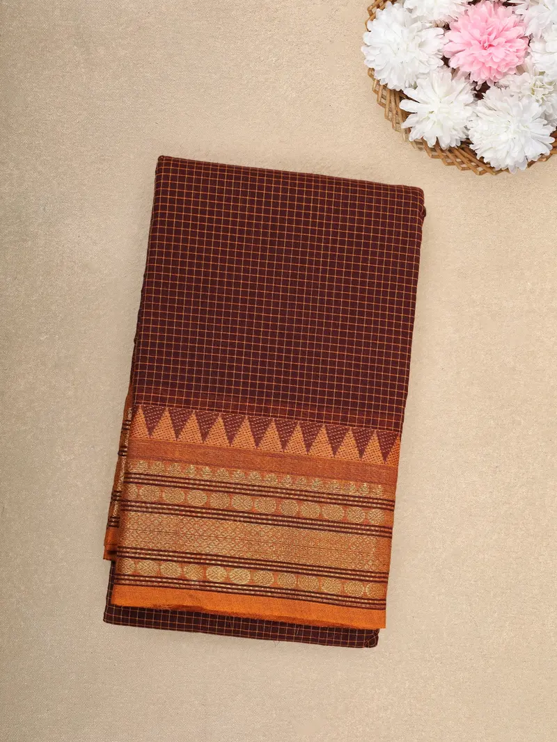 Maroon Checks Design Cotton Saree With Contrast Mustard Zari Woven Border 1