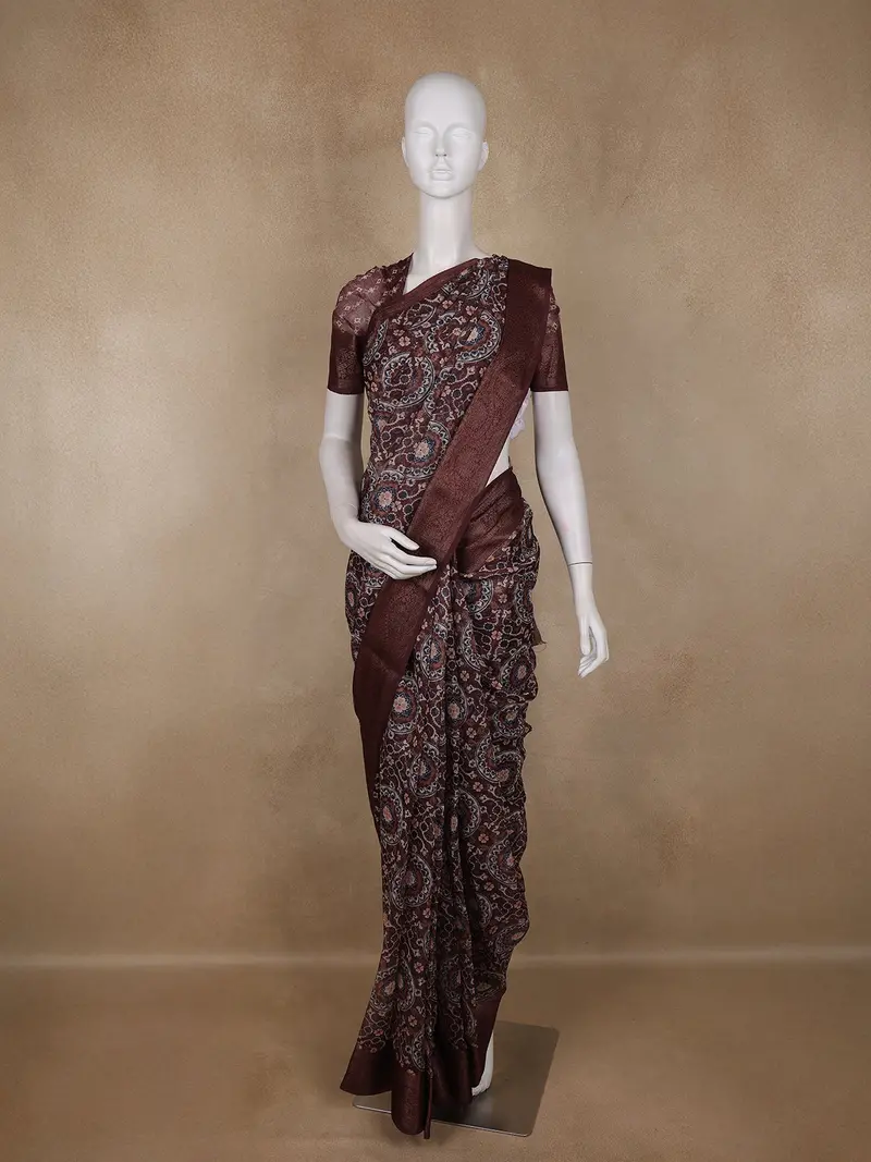 Maroon Circular Floral Printed Chanderi Cotton Saree With Zari Border 1