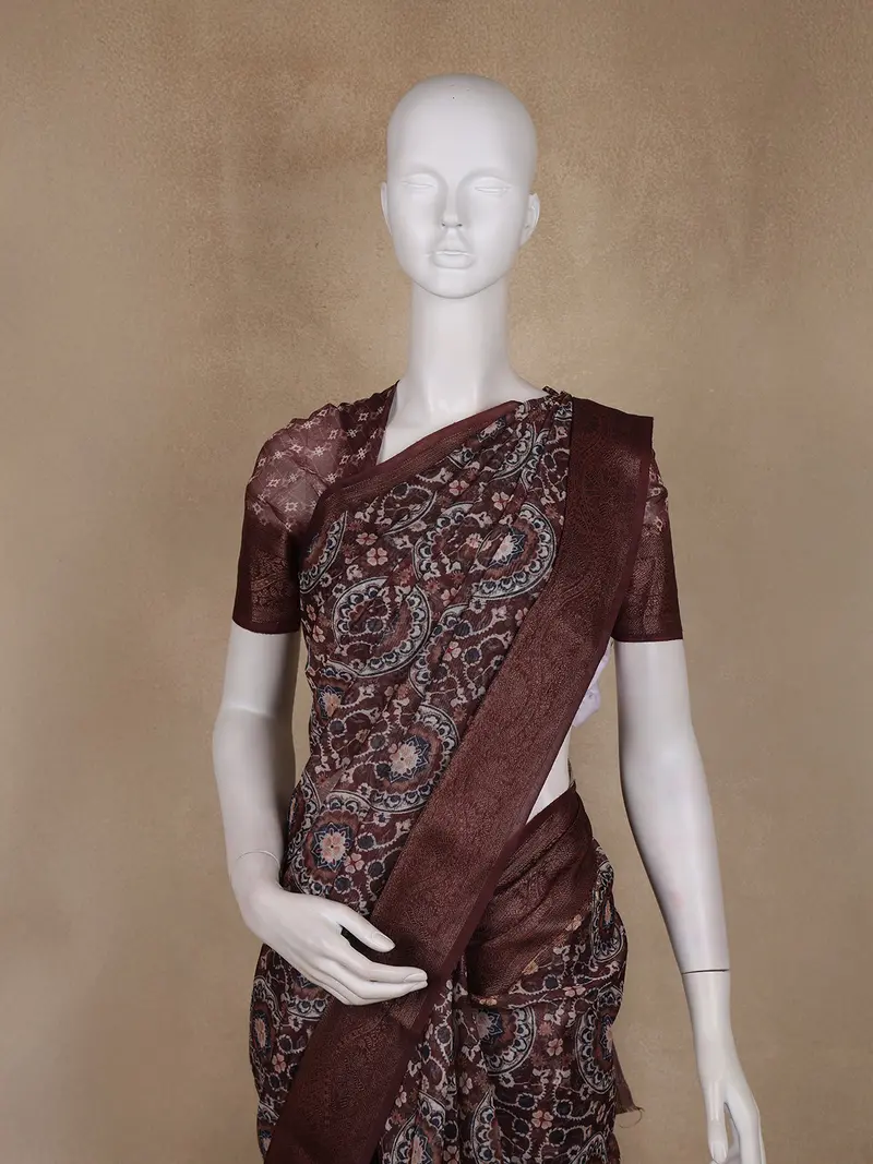 Maroon Circular Floral Printed Chanderi Cotton Saree With Zari Border 2