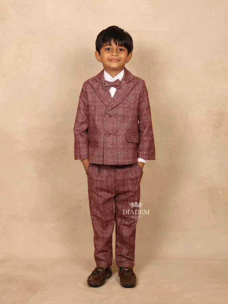 Maroon Cotton Boys Coat Suit Set With Stripes Design 1