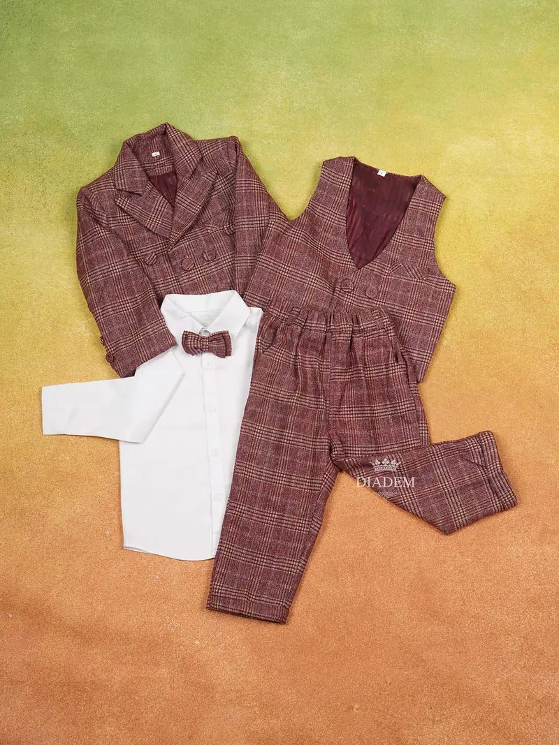 Maroon Cotton Boys Coat Suit Set With Stripes Design 1