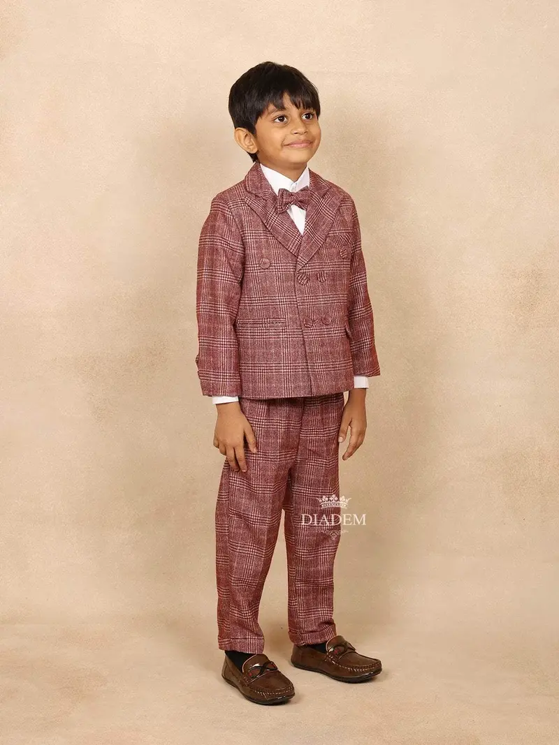 Maroon Cotton Boys Coat Suit Set With Stripes Design 2