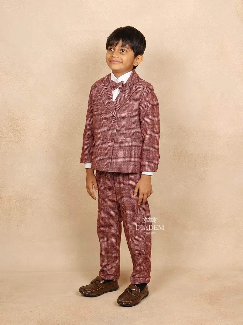 Maroon Cotton Boys Coat Suit Set With Stripes Design 3