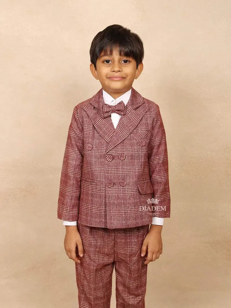 Maroon Cotton Boys Coat Suit Set With Stripes Design 4